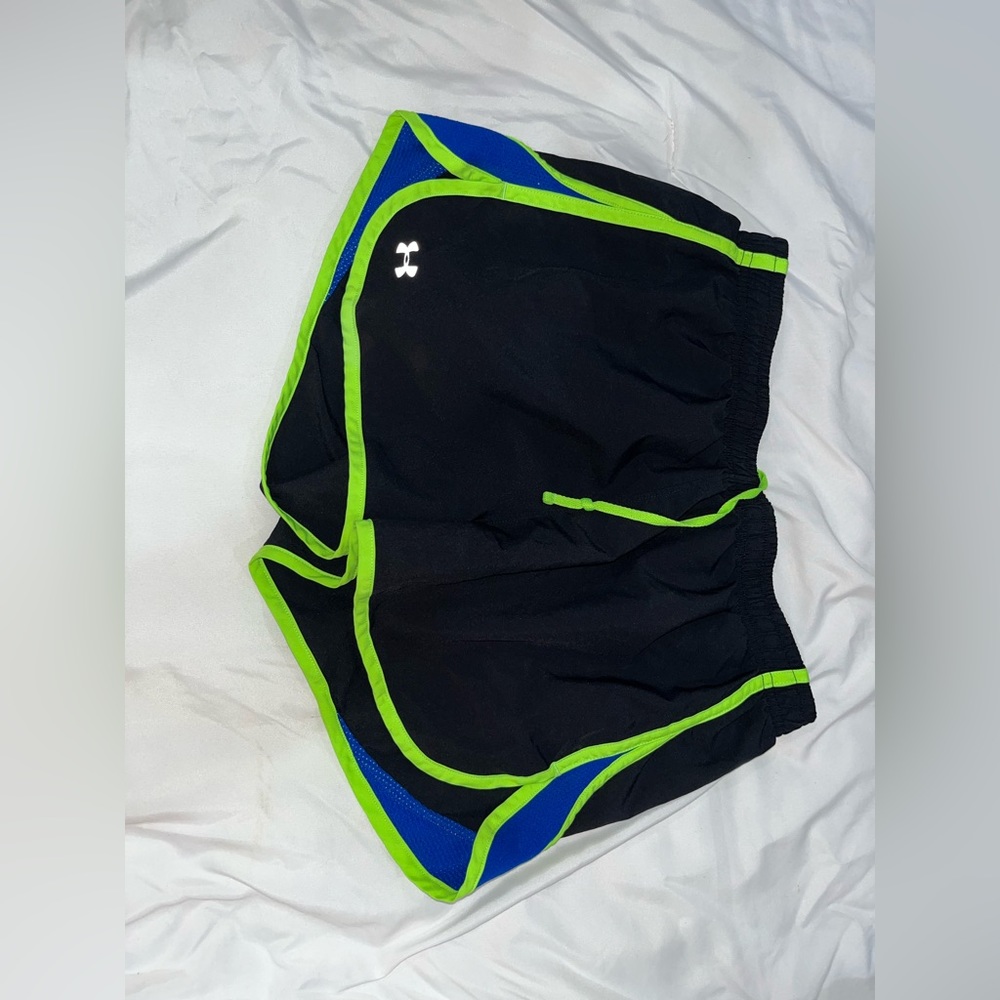Under Armour black with blue and green detailed athletic shorts.